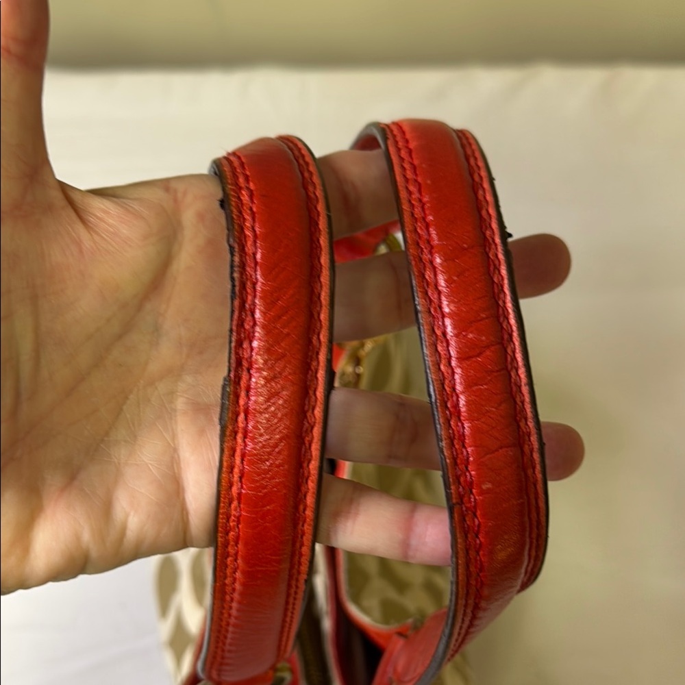 Coach Tan and Orange Signature Monogram Bag featuring Carriage logo on front. - Picture 12 of 16